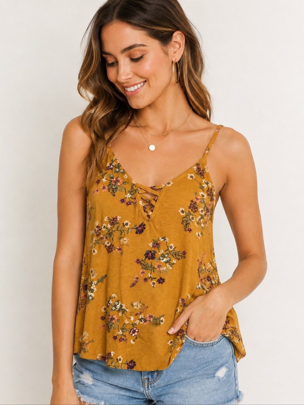 Pink Republic Mustard Floral Lace-Up Cami Tank Top Size S Boho